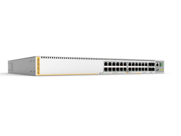 24-port 100/1000T stackable L3 switch with 4 SFP+ ports and 2 fixed power supplies