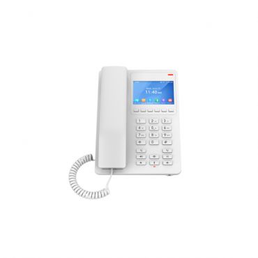 Compact Hotel IP Phone, 2 SIP accounts, 2 lines, 1x Ethernet 10/100 PoE, Wi-Fi, 480x320 (3.5") Color LCD, 12V/0.5A PSU, White